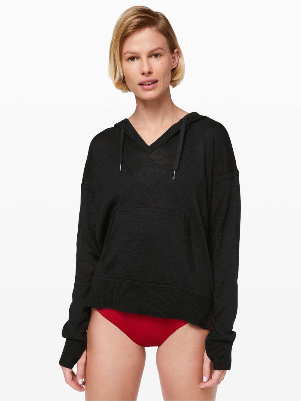 Lululemon Black Street to Shore Hoodie V-Neck Linen Blend Mesh Pullover Top 10